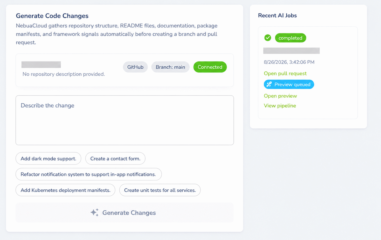 Assistente de Repositório com IA com projeto conectado, campo para descrever a alteração e versão de teste sendo preparada