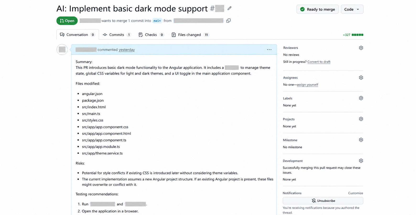 Proposta de mudança aberta no GitHub, pronta para aprovação, com abas de arquivos alterados