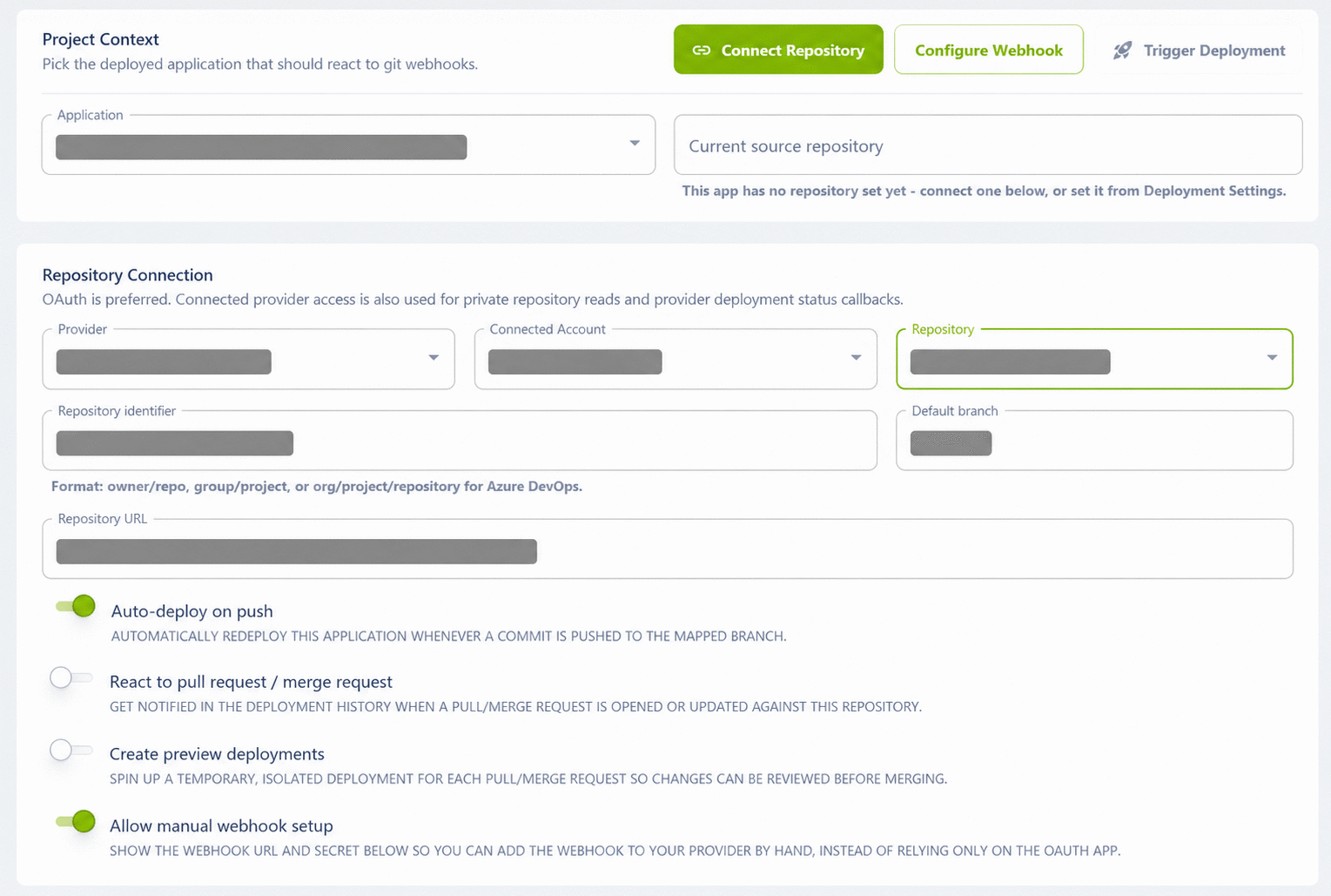 Página de Integração Git da NebuaCloud com conexão de projeto e opções de publicação
